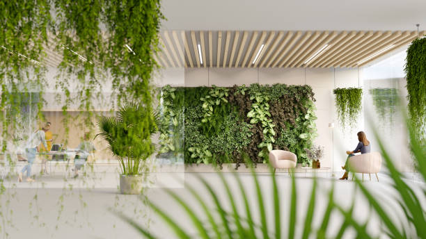 3D render of a green modern office lobby, all items in the scene are 3D eco-freindly landscaping garden