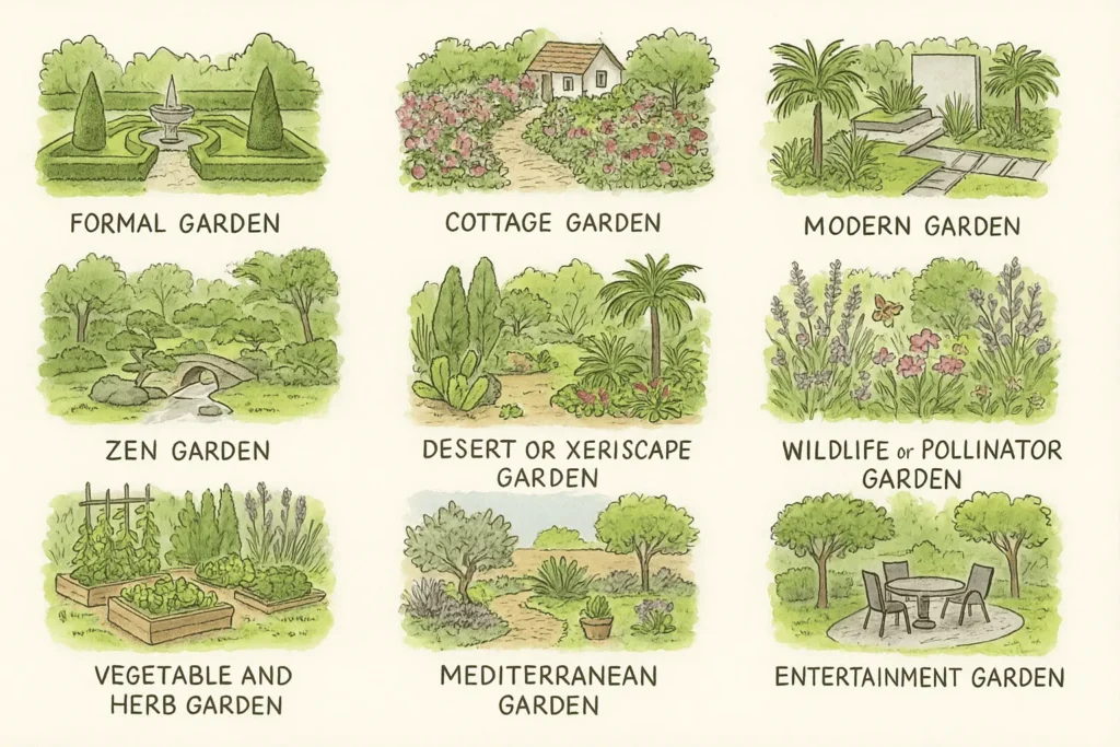 Overview of backyard layout ideas with multiple garden styles