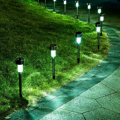 LED SOLAR LED solar powered lights illuminating a modern backyard at night