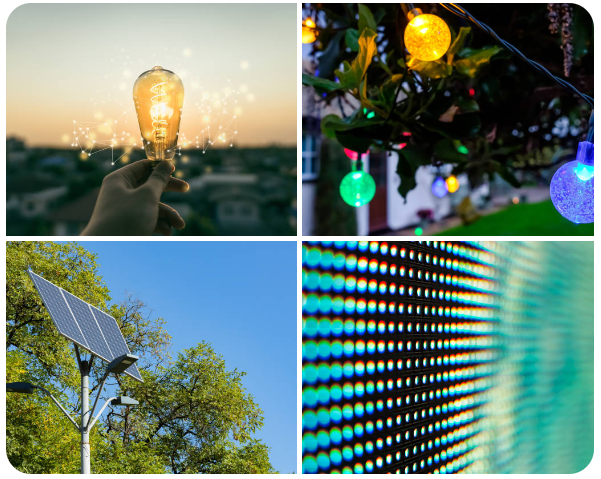 LED solar powered lights illuminating a modern backyard at night
