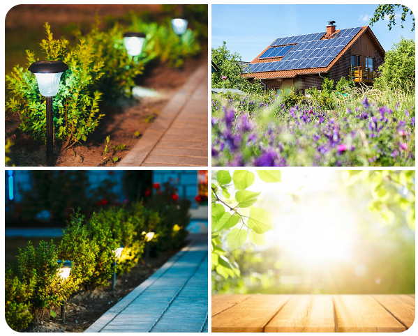solar garden lights in a modern backyard at night
