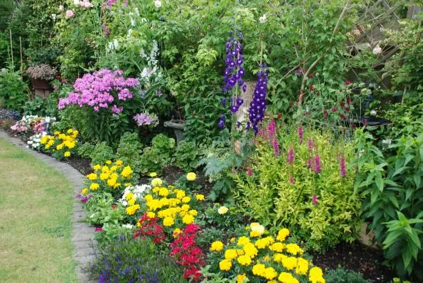flwers-backyard Mulching around flowers in a backyard flower layout to retain soil moisture