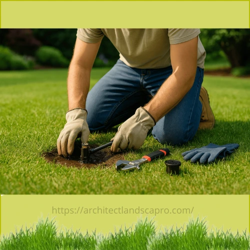 Sprinkler system repair with broken head in backyard